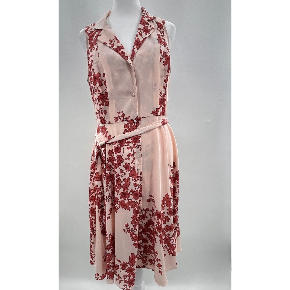 Nanette Lepore Pink Floral Sleeveless Belted Midi Shirtdress Size 6 Burgundy - Picture 8 of 16